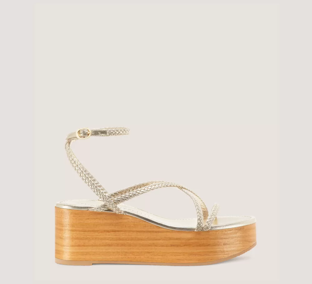 Stuart Weitzman Flat & Low Heel Sandals | Wedges & Espadrilles-CHANGE LOCATION Metallic woven leather & wood/Light Gold & sand