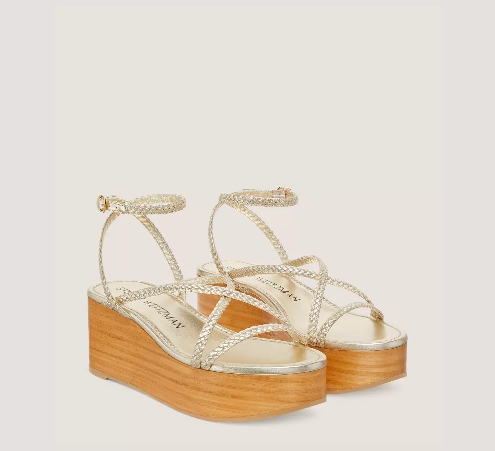 Stuart Weitzman Flat & Low Heel Sandals | Wedges & Espadrilles-CHANGE LOCATION Metallic woven leather & wood/Light Gold & sand