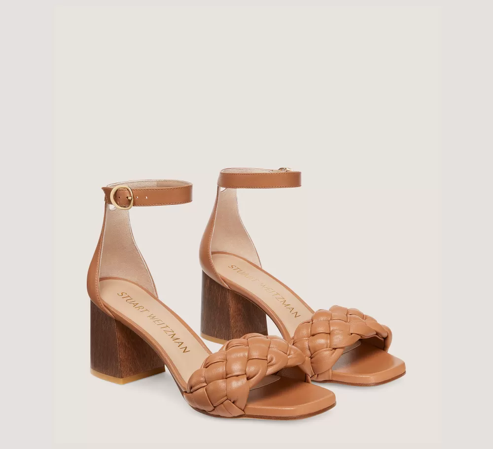 Stuart Weitzman Mid Heel Sandals | Trending: Block Heels-CHANGE LOCATION Lacquered nappa leather & wood/Tan & walnut