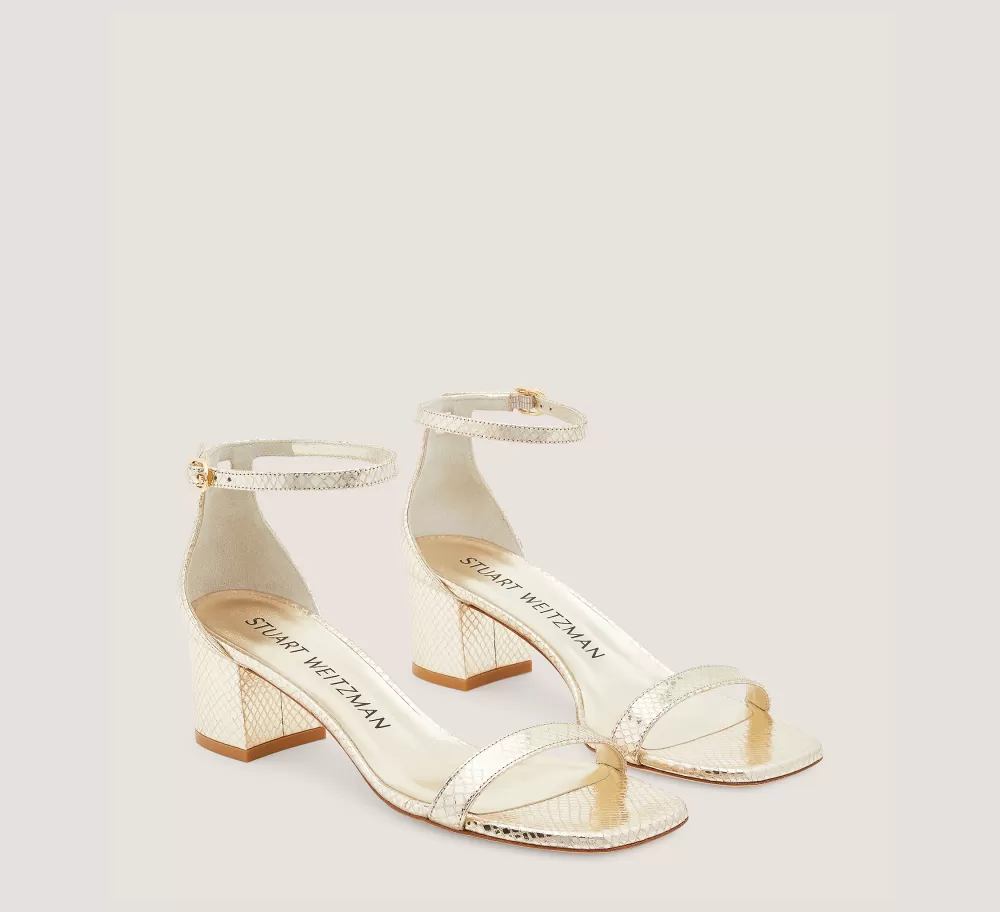 Stuart Weitzman Mid Heel Sandals | Trending: Block Heels-CHANGE LOCATION Metallic snake embossed leather/Platino Gold