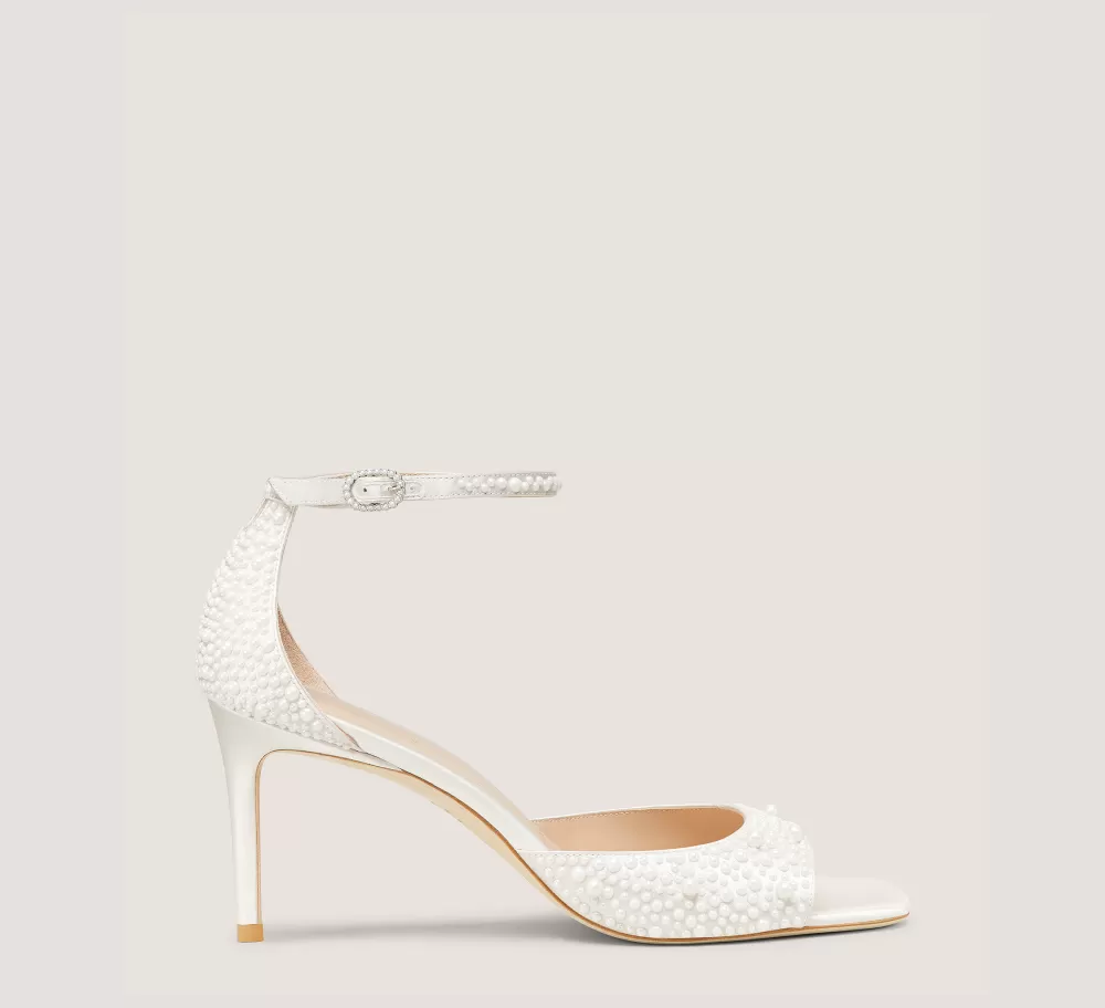 Stuart Weitzman Mid Heel Sandals | The Bridal Collection-CHANGE LOCATION Satin & Pearls/Cream