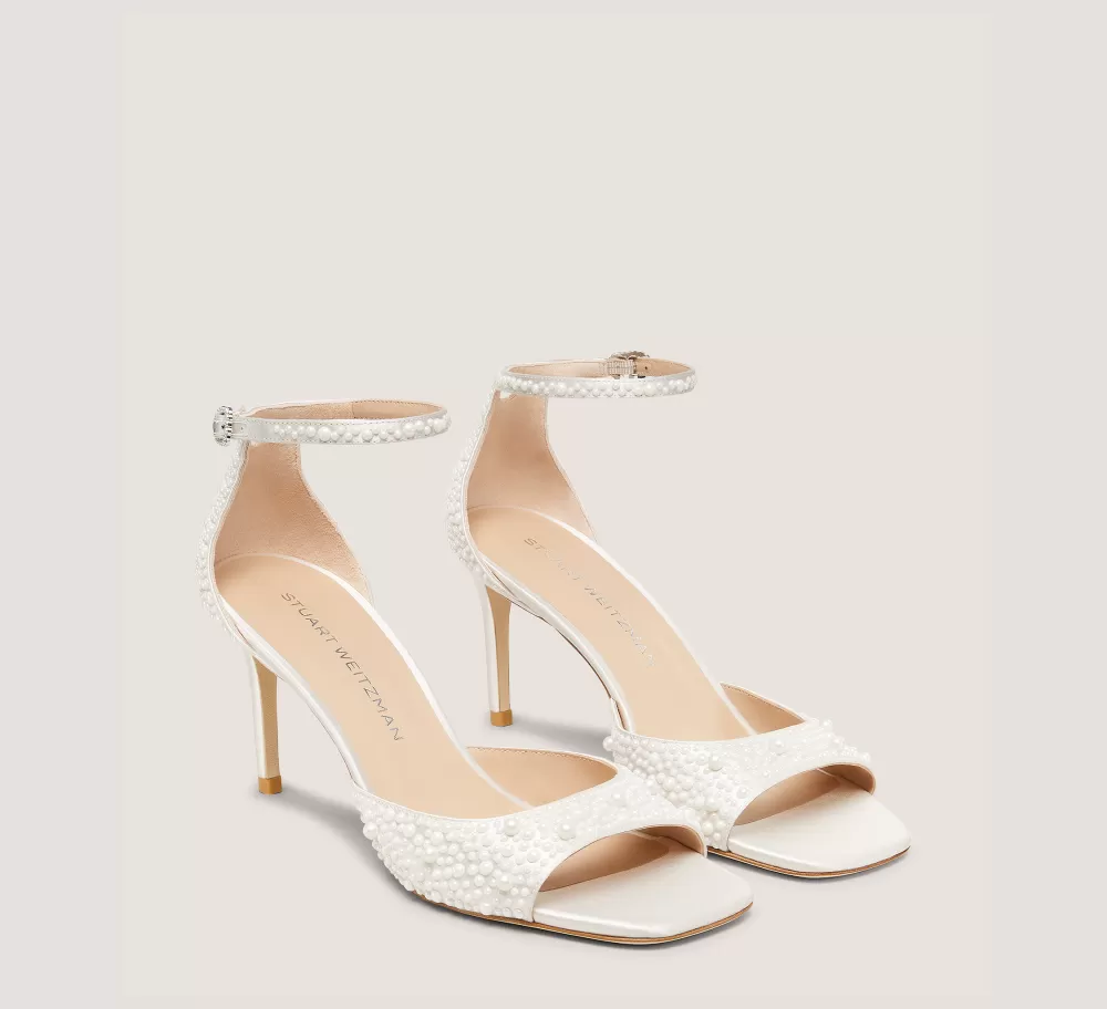 Stuart Weitzman Mid Heel Sandals | The Bridal Collection-CHANGE LOCATION Satin & Pearls/Cream