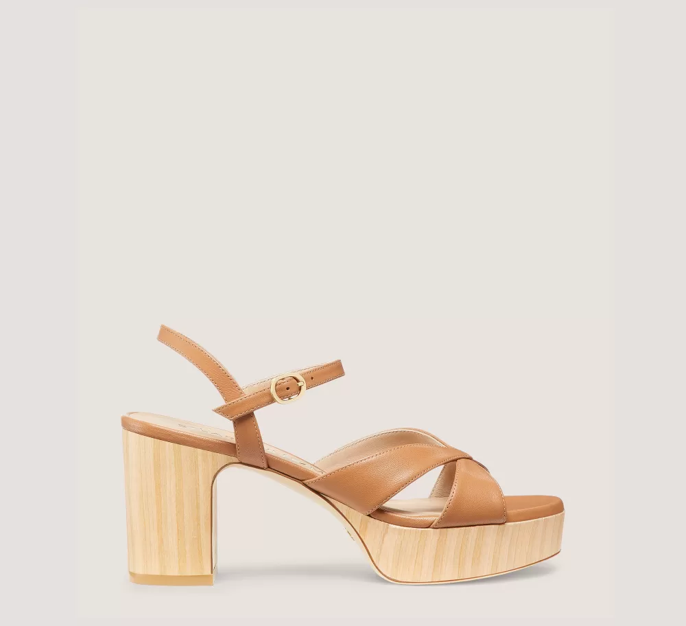 Stuart Weitzman Mid Heel Sandals | Trending: Block Heels-CHANGE LOCATION Lacquered nappa leather & wood/Tan & Sand