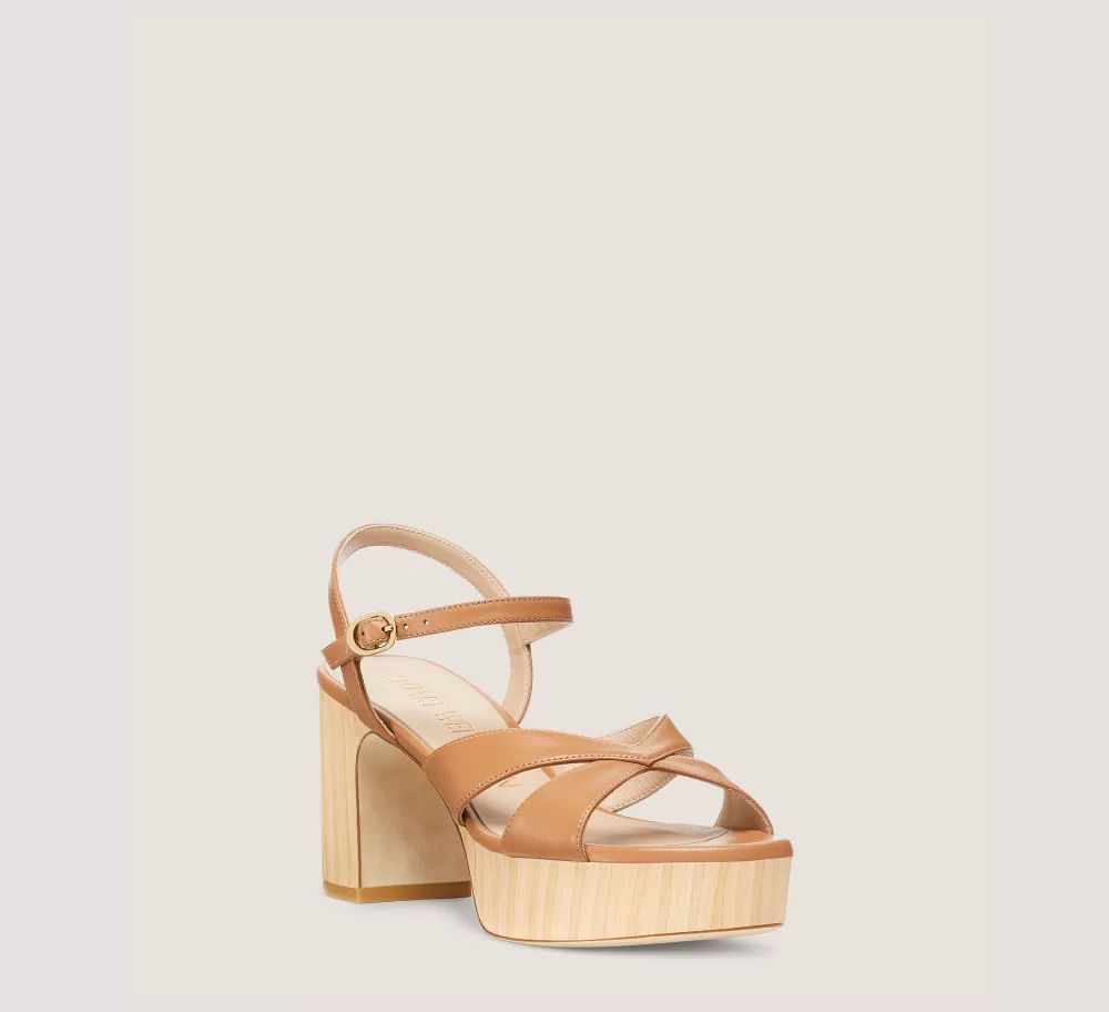 Stuart Weitzman Mid Heel Sandals | Trending: Block Heels-CHANGE LOCATION Lacquered nappa leather & wood/Tan & Sand